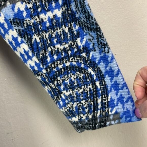 Talbots size 1X Merino Wool Blue White Black Paisley Houndstooth Open Cardigan - Picture 7 of 9